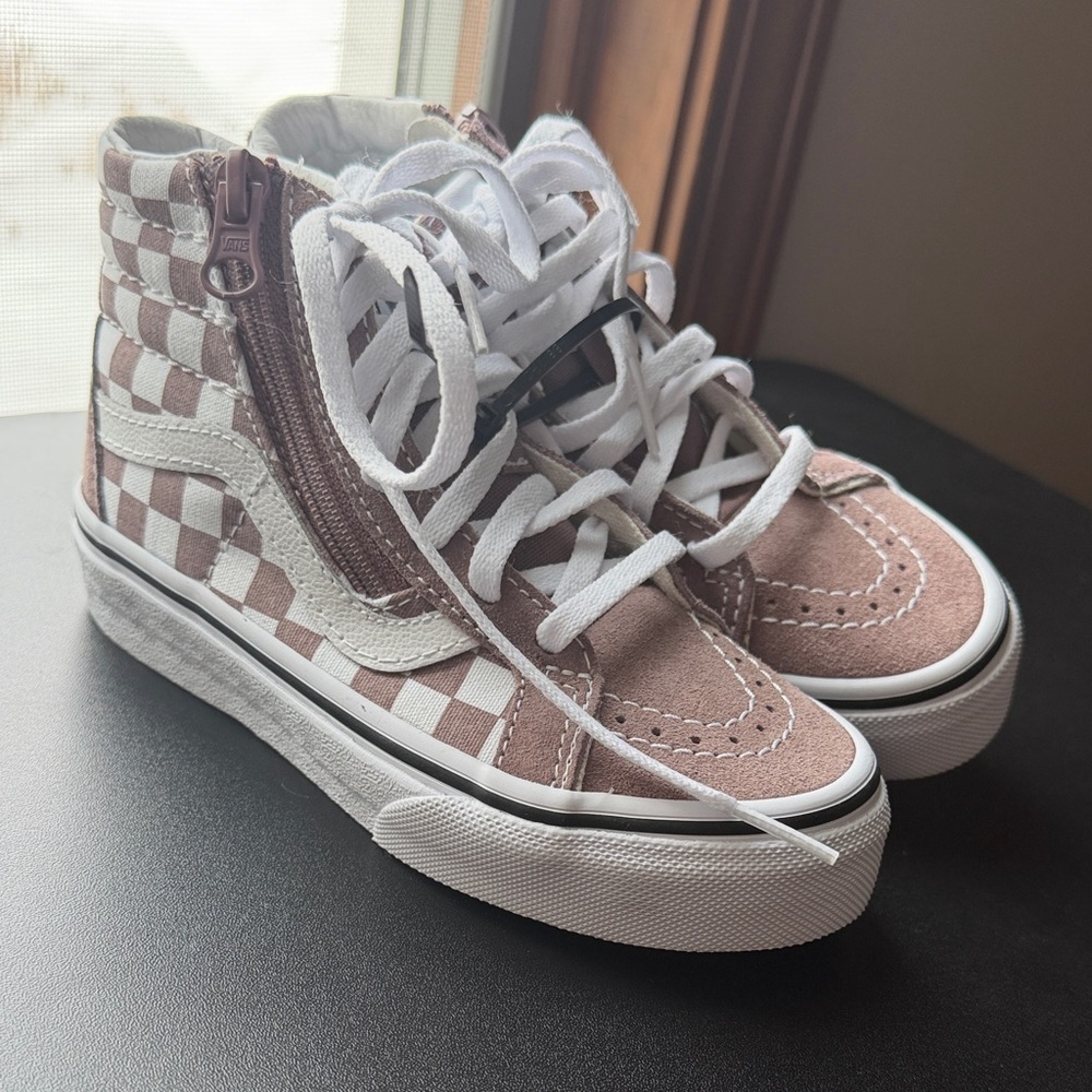 Vans Kids High-Top Checkered Sneakers - Brown and White